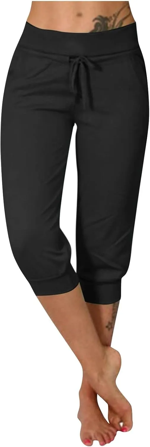 Plus Size Yoga Capris for Women Cropped High Waist Joggers Summer Loose Soft Drawstring Low Rise Capri Sweatpants