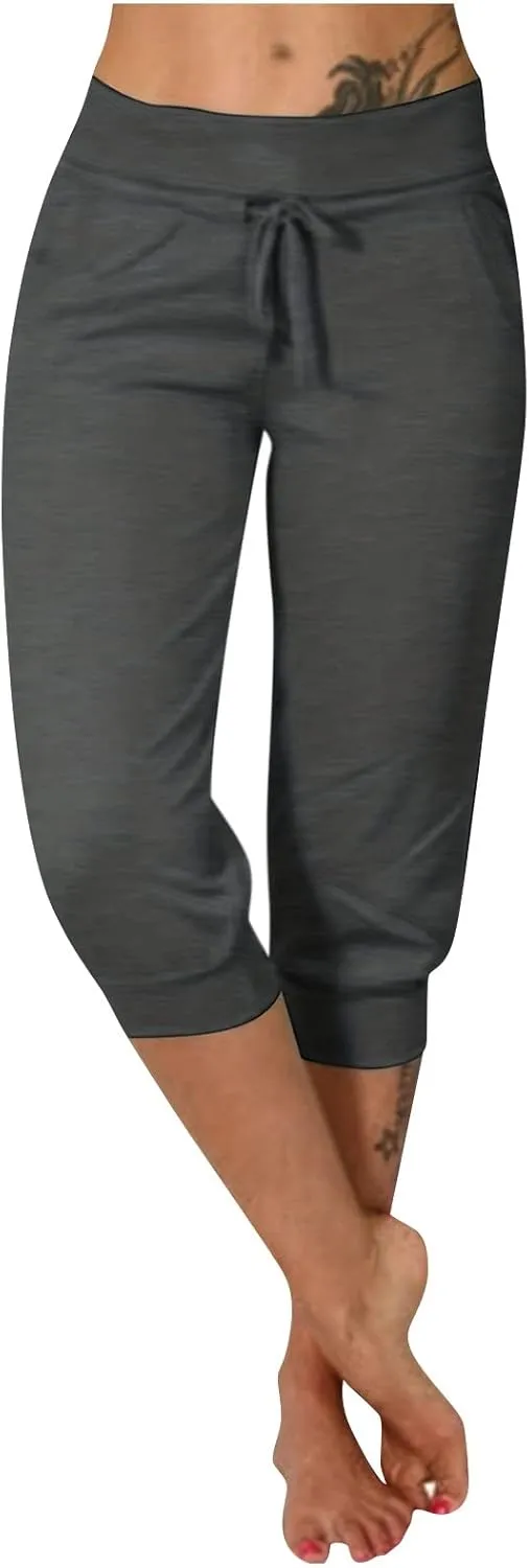 Plus Size Yoga Capris for Women Cropped High Waist Joggers Summer Loose Soft Drawstring Low Rise Capri Sweatpants