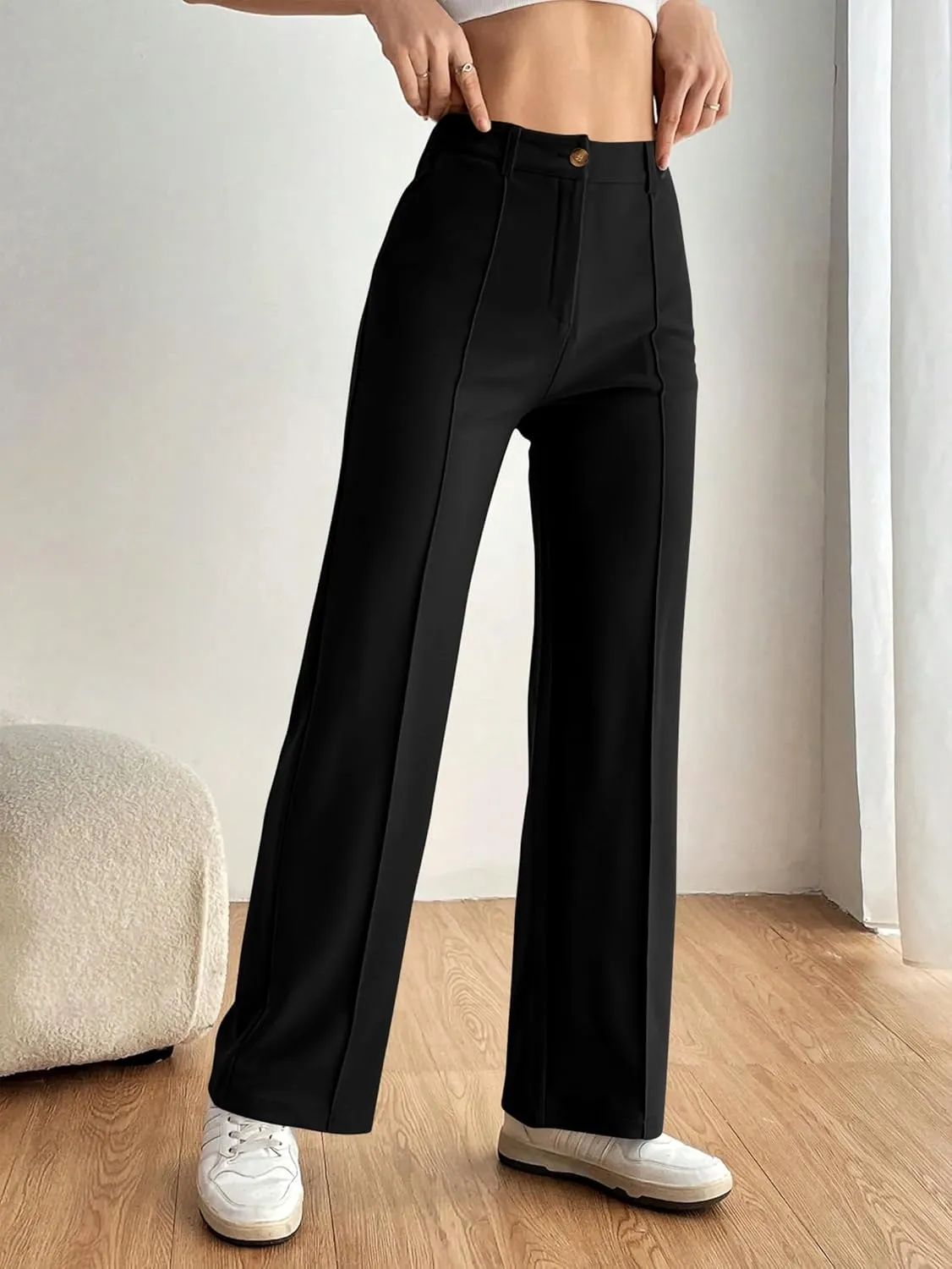 PRETTYGARDEN Straight Leg Pants Stretchy Button Business Casual Work Trousers Knit Elastic Waist Slacks
