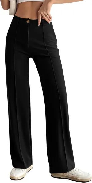PRETTYGARDEN Straight Leg Pants Stretchy Button Business Casual Work Trousers Knit Elastic Waist Slacks