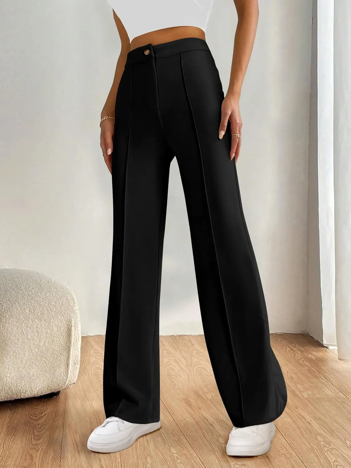 PRETTYGARDEN Straight Leg Pants Stretchy Button Business Casual Work Trousers Knit Elastic Waist Slacks