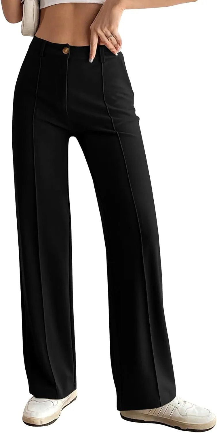 PRETTYGARDEN Straight Leg Pants Stretchy Button Business Casual Work Trousers Knit Elastic Waist Slacks