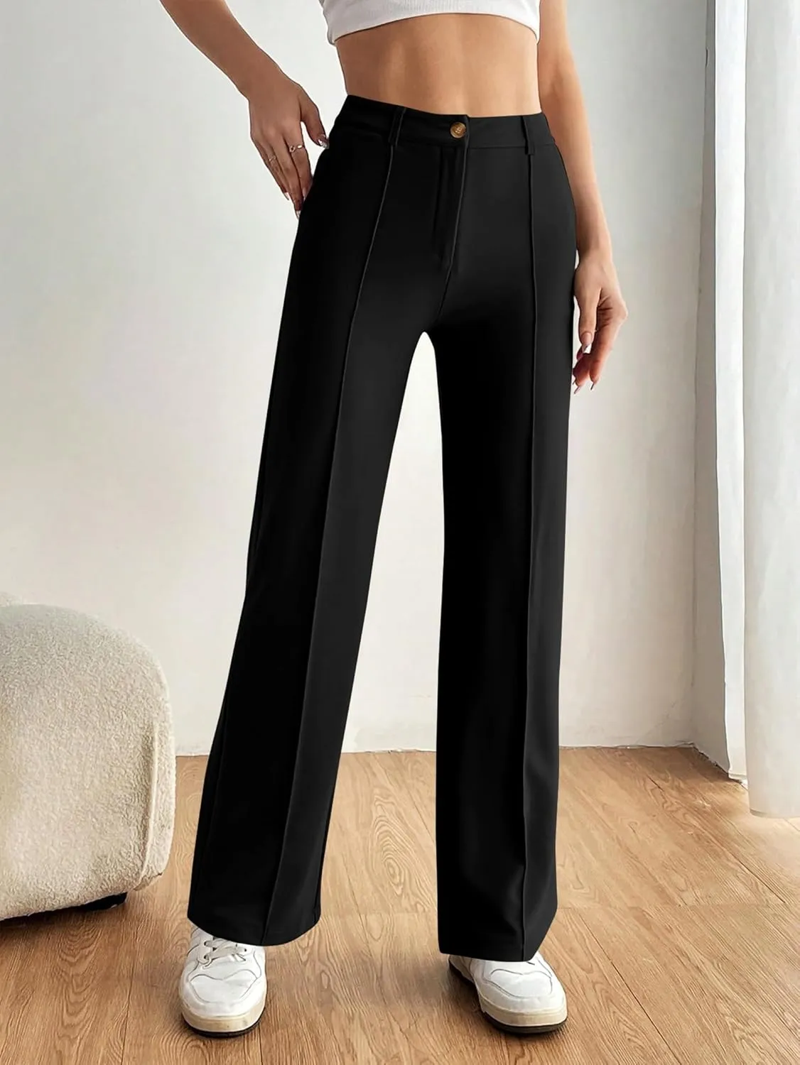 PRETTYGARDEN Straight Leg Pants Stretchy Button Business Casual Work Trousers Knit Elastic Waist Slacks