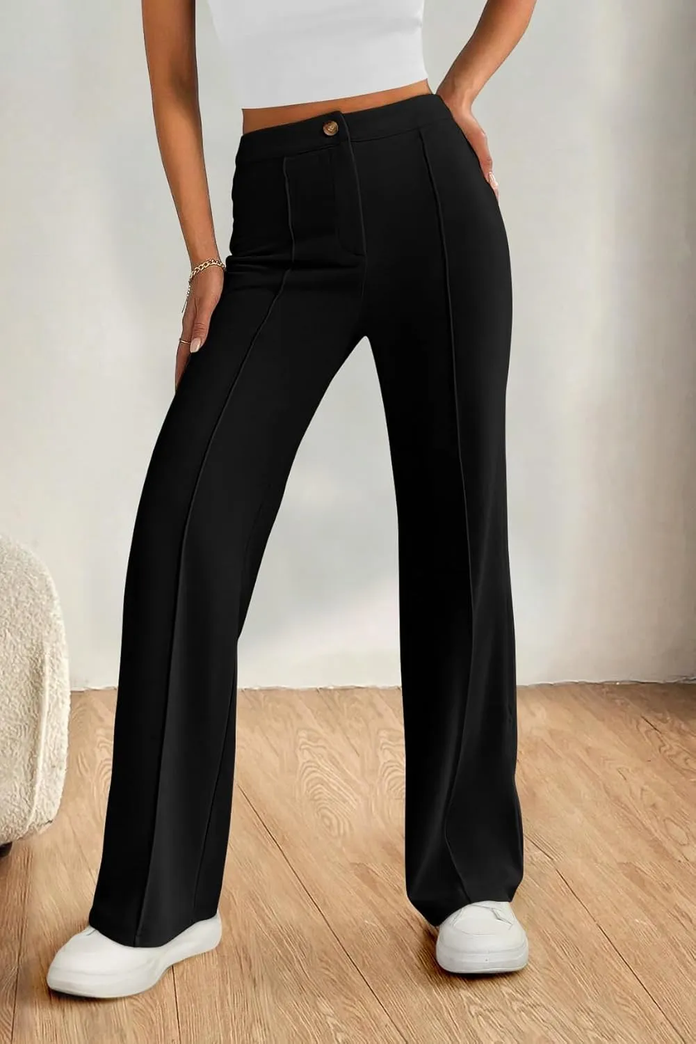 PRETTYGARDEN Straight Leg Pants Stretchy Button Business Casual Work Trousers Knit Elastic Waist Slacks