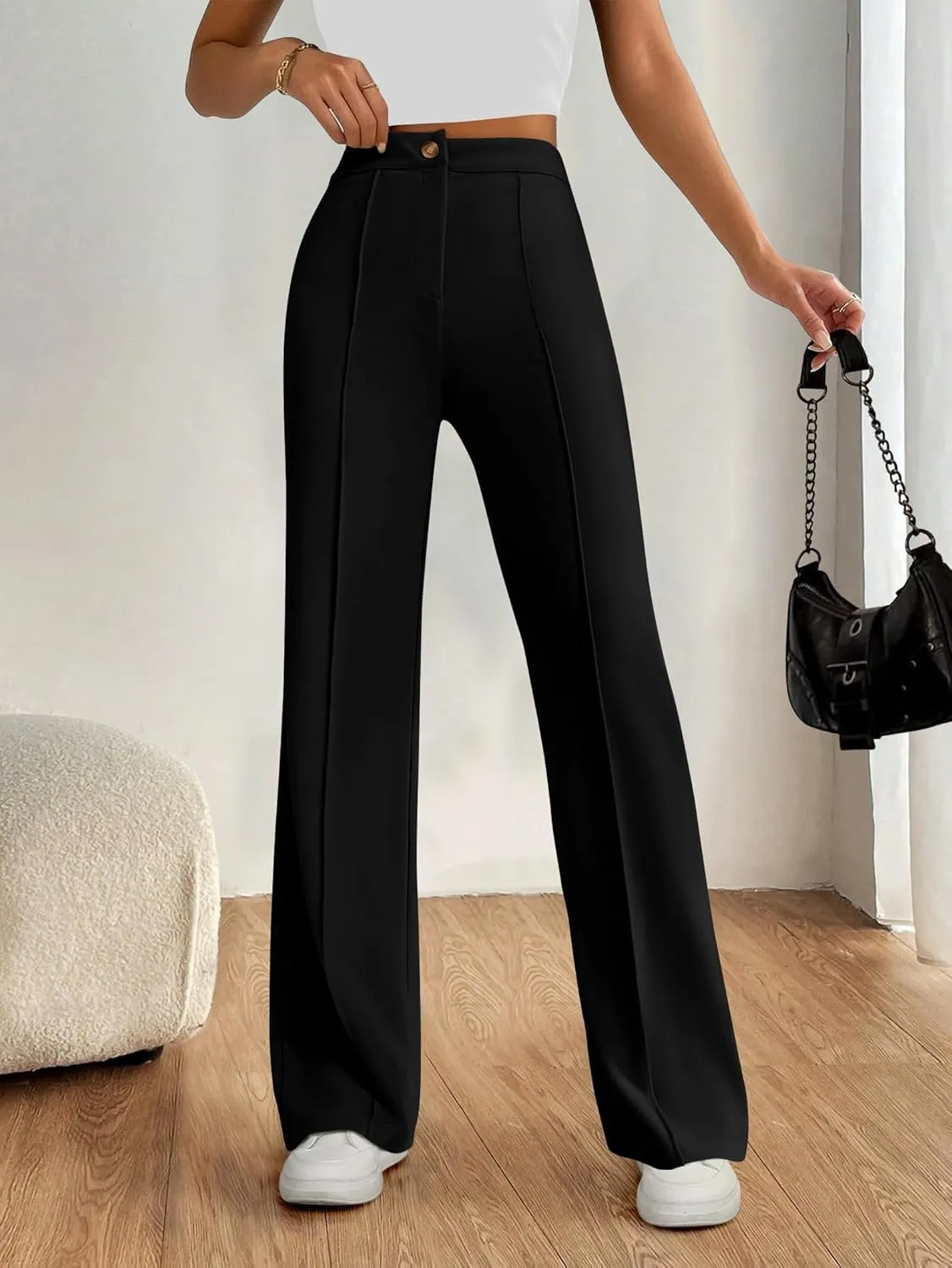 PRETTYGARDEN Straight Leg Pants Stretchy Button Business Casual Work Trousers Knit Elastic Waist Slacks