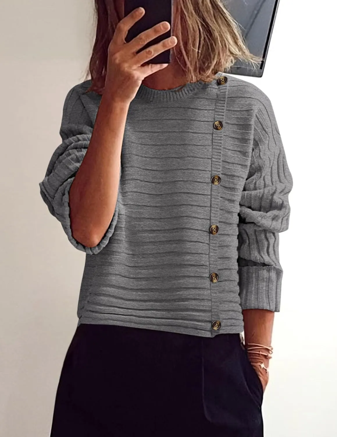 PRETTYGARDEN Womens Sweaters Fall 2025 Casual Long Sleeve Crewneck Button Loose Winter Knit Pullover Sweater Tops