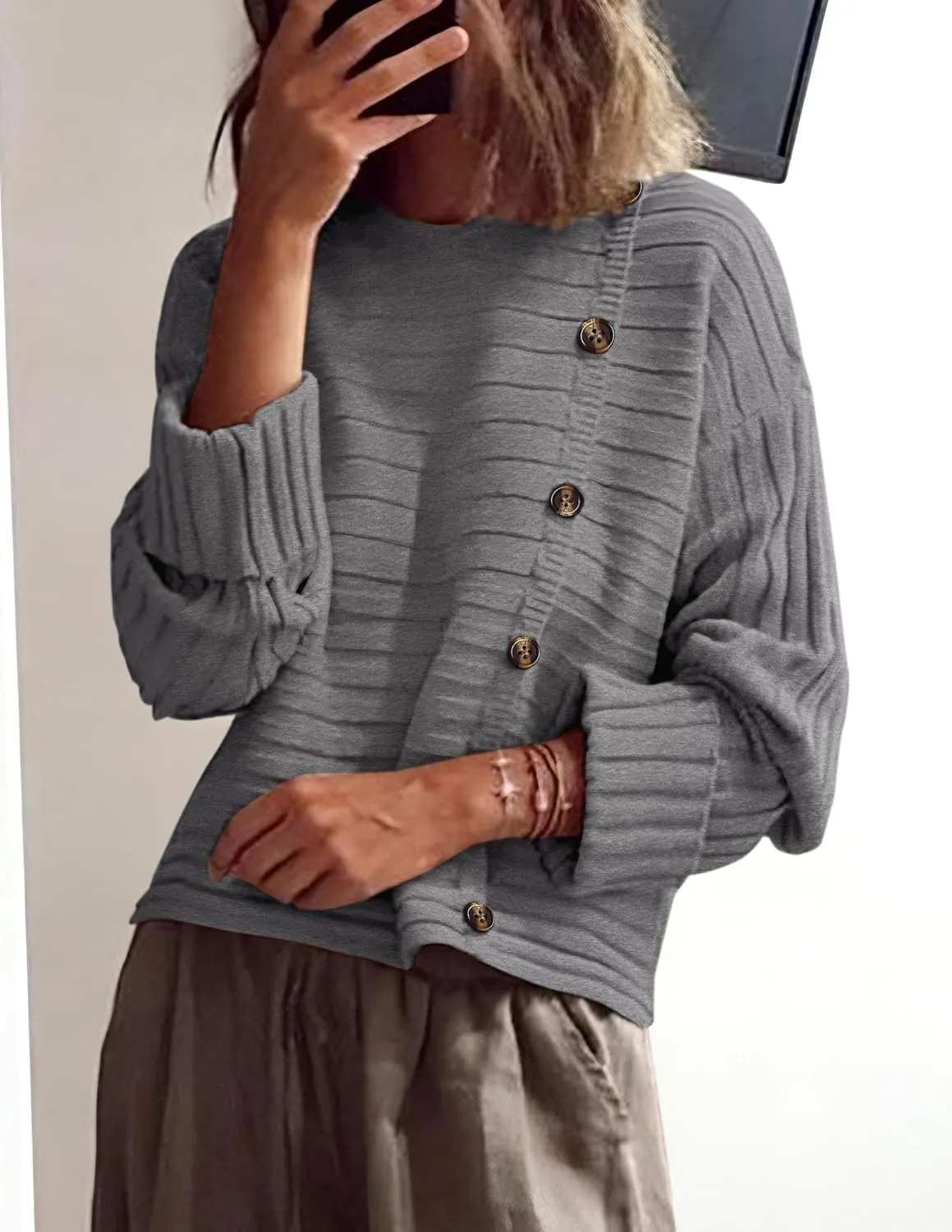 PRETTYGARDEN Womens Sweaters Fall 2025 Casual Long Sleeve Crewneck Button Loose Winter Knit Pullover Sweater Tops