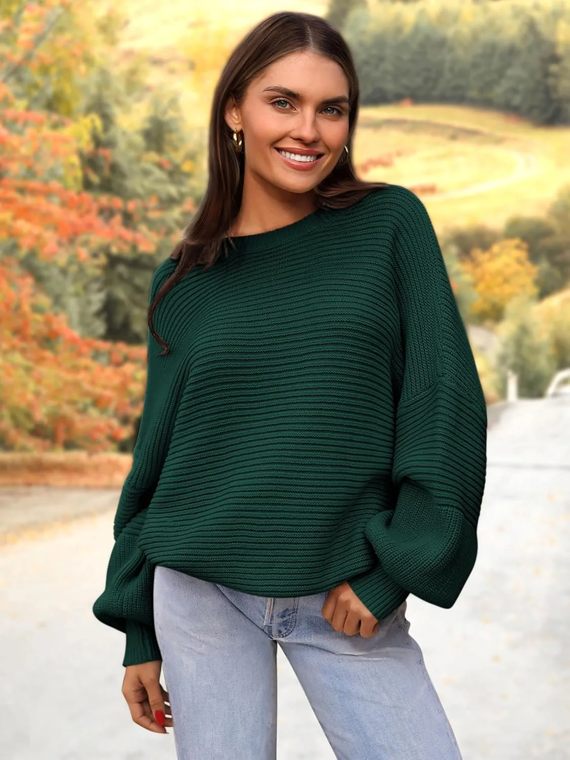 PRETTYGARDEN Womens Sweaters Fall 2025 Long Lantern Sleeve Oversized Sweater Casual Crewneck Loose Ribbed Knit Pullover Tops
