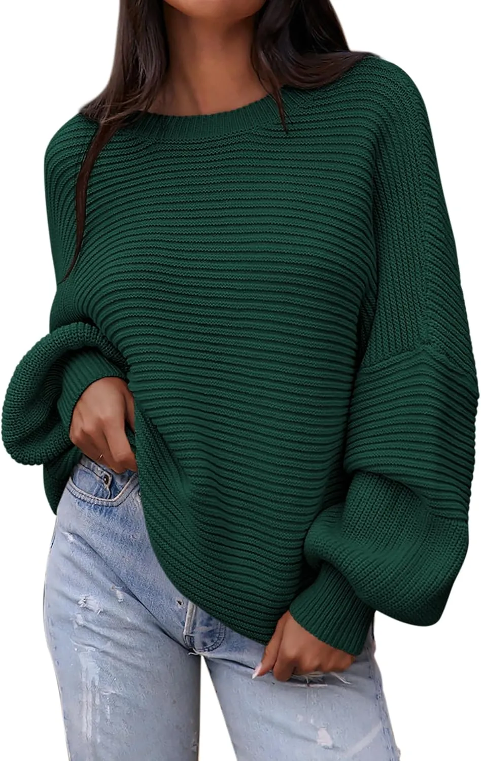 PRETTYGARDEN Womens Sweaters Fall 2025 Long Lantern Sleeve Oversized Sweater Casual Crewneck Loose Ribbed Knit Pullover Tops