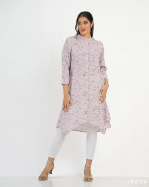 Printed Button Down Top With Decorative Hem 57873