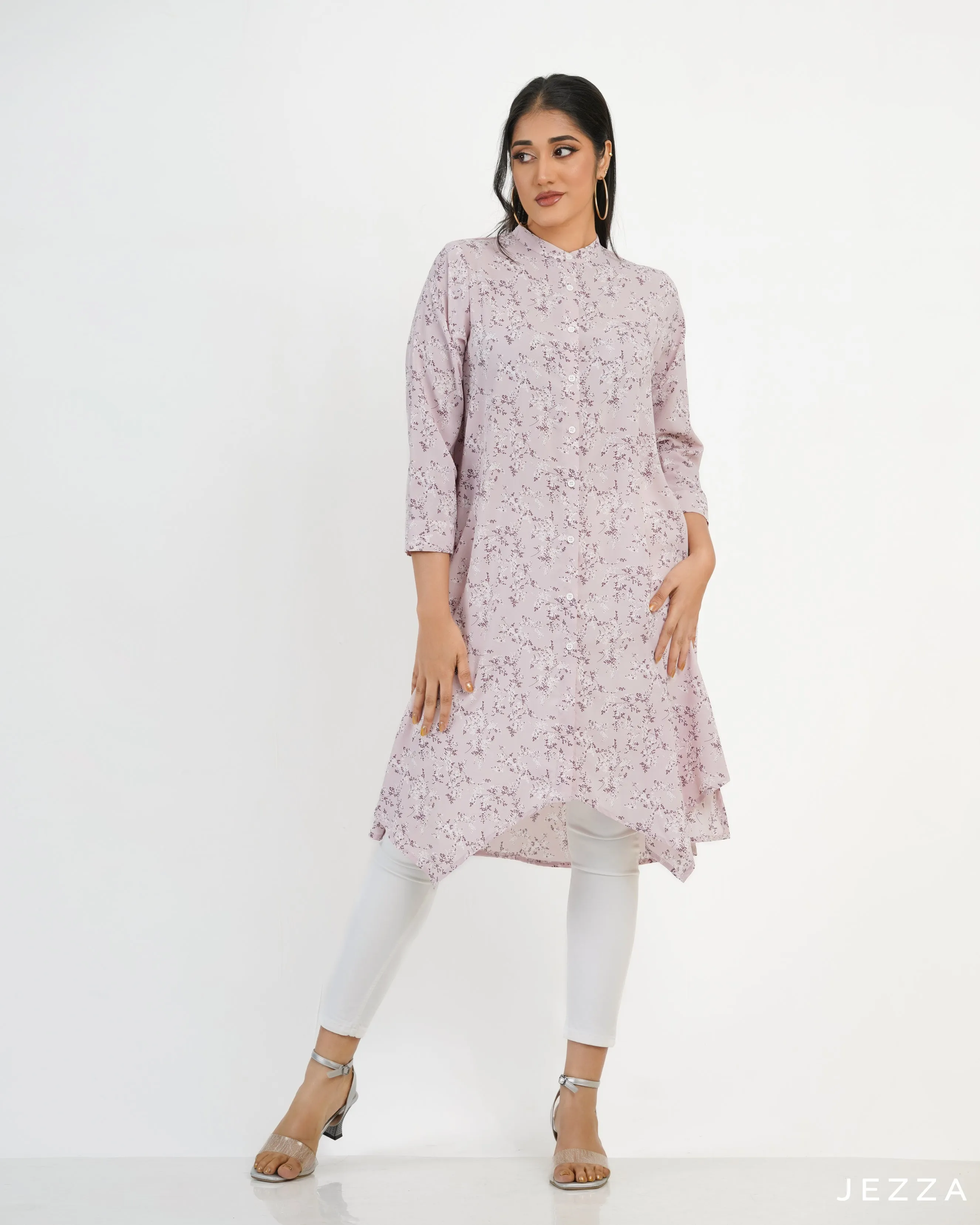 Printed Button Down Top With Decorative Hem 57873