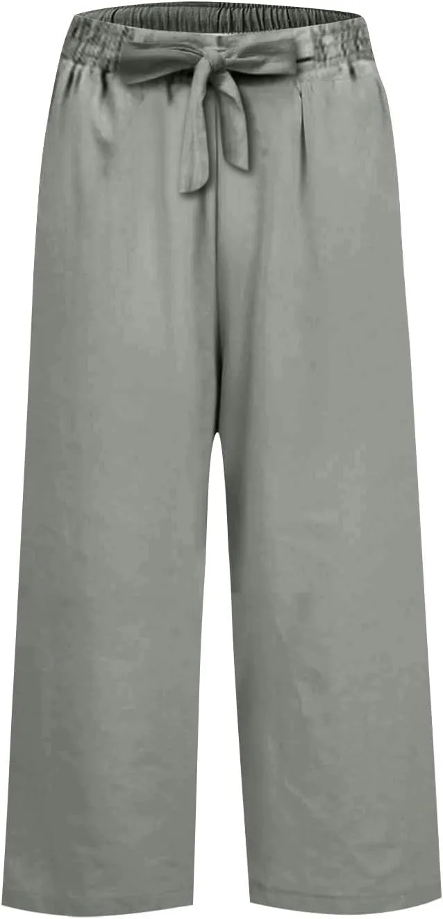 PTOLOCIF Cotton Linen Pants Women Culottes Pants Elastic High Waist Wide Leg Palazzo Trousers Straight Leg Pant with Pockets