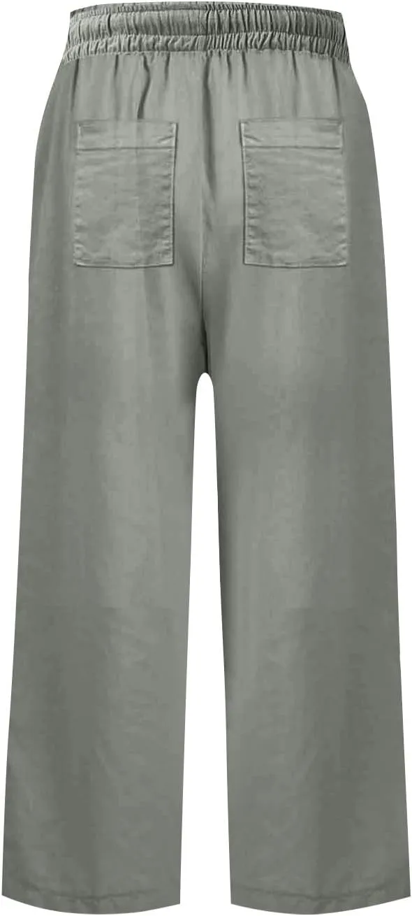 PTOLOCIF Cotton Linen Pants Women Culottes Pants Elastic High Waist Wide Leg Palazzo Trousers Straight Leg Pant with Pockets