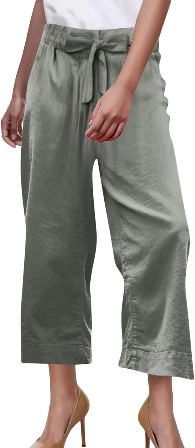 PTOLOCIF Cotton Linen Pants Women Culottes Pants Elastic High Waist Wide Leg Palazzo Trousers Straight Leg Pant with Pockets