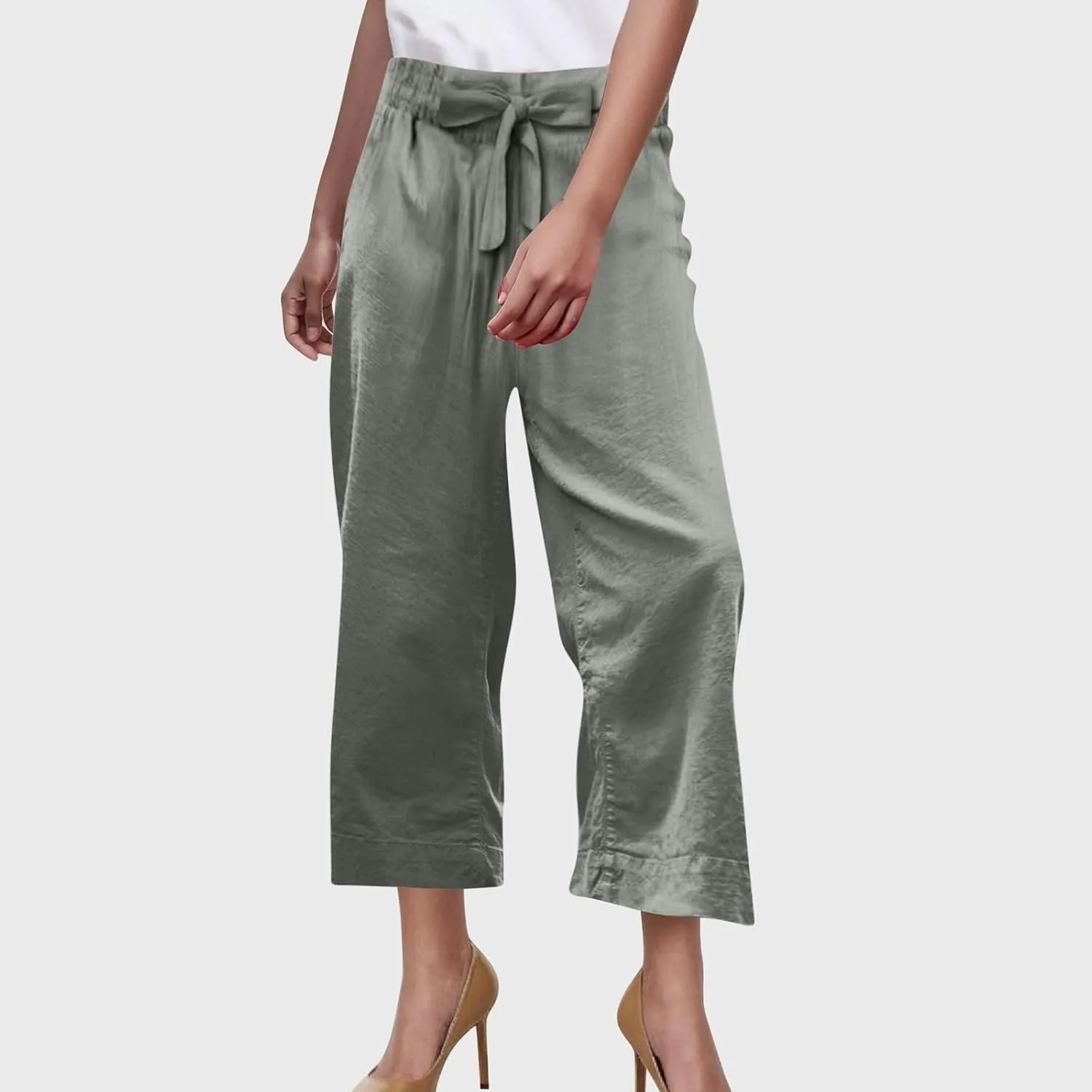 PTOLOCIF Cotton Linen Pants Women Culottes Pants Elastic High Waist Wide Leg Palazzo Trousers Straight Leg Pant with Pockets