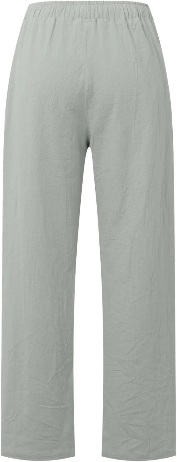 PTOLOCIF Cotton Linen Pants Women Wide Leg Casual Loose Pants High Waisted Drawstring Palazzo Capri Trousers with Pockets