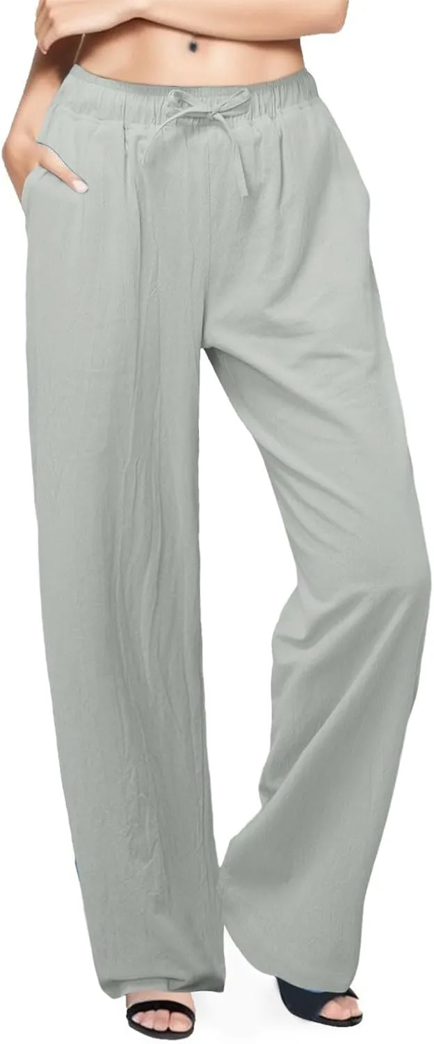 PTOLOCIF Cotton Linen Pants Women Wide Leg Casual Loose Pants High Waisted Drawstring Palazzo Capri Trousers with Pockets