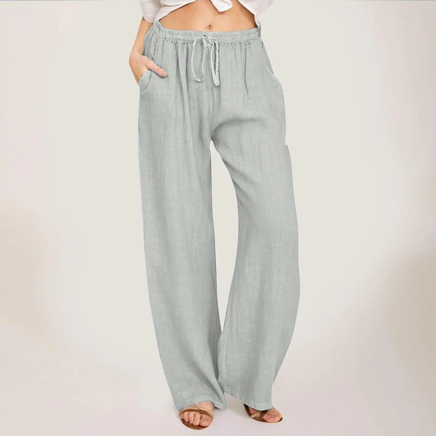 PTOLOCIF Cotton Linen Pants Women Wide Leg Casual Loose Pants High Waisted Drawstring Palazzo Capri Trousers with Pockets