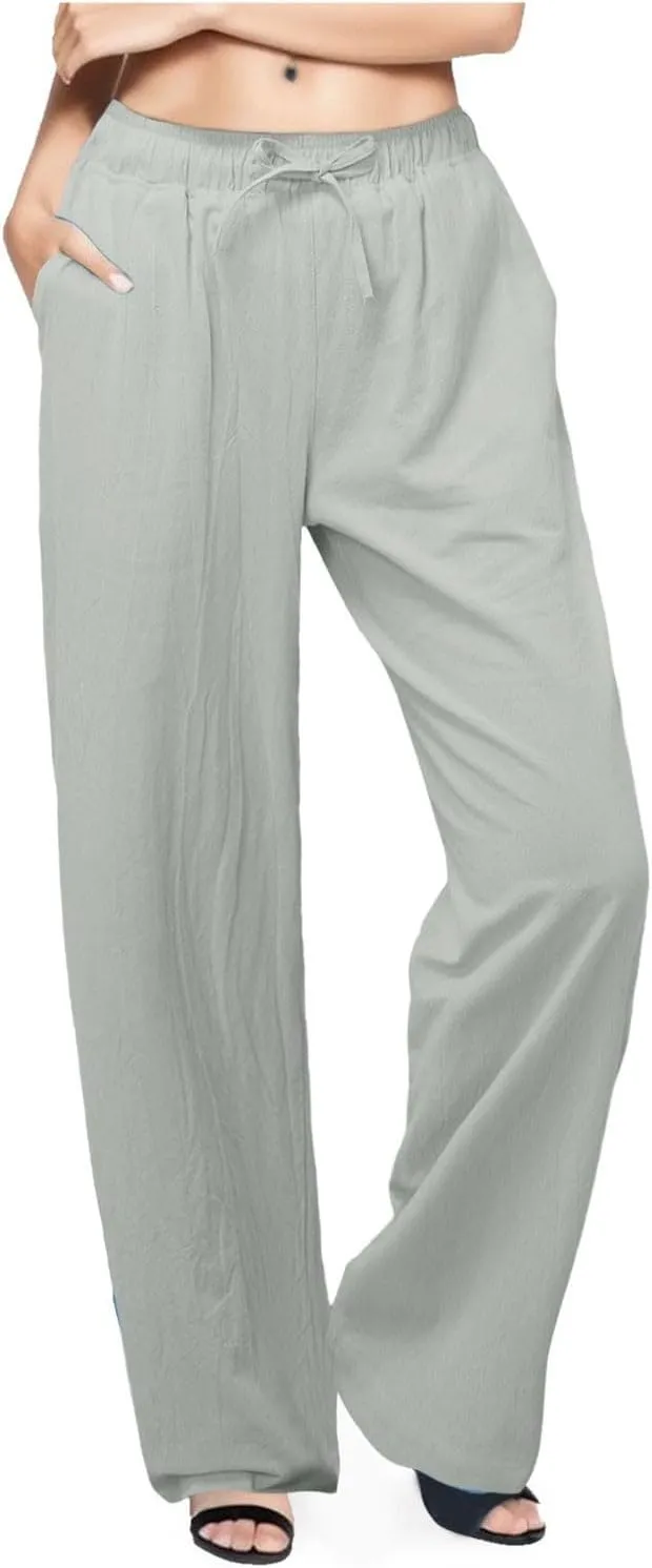 PTOLOCIF Cotton Linen Pants Women Wide Leg Casual Loose Pants High Waisted Drawstring Palazzo Capri Trousers with Pockets