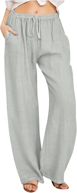 PTOLOCIF Cotton Linen Pants Women Wide Leg Casual Loose Pants High Waisted Drawstring Palazzo Capri Trousers with Pockets