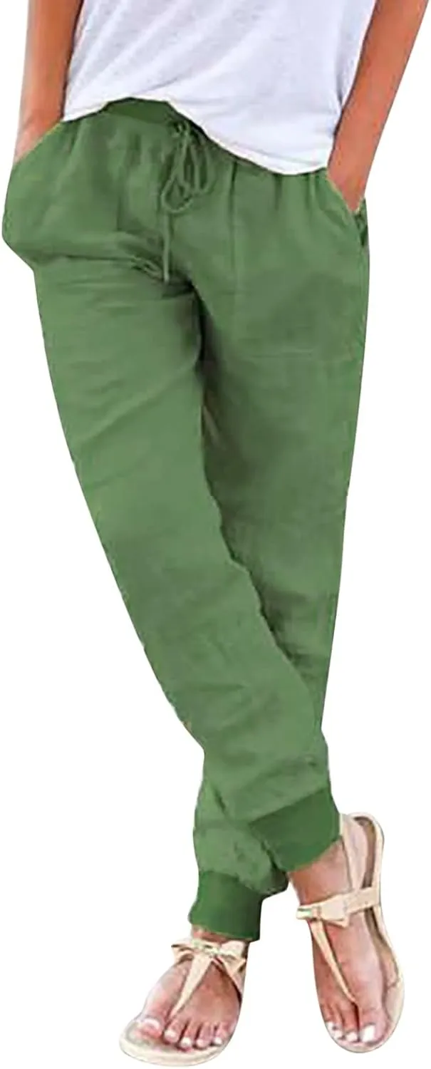 PTOLOCIF Women's Cotton Linen Pants Drawstring Back Elastic Waist Pants High Waist Casual Lounge Trousers with Pockets