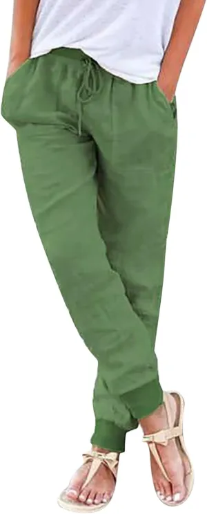 PTOLOCIF Women's Cotton Linen Pants Drawstring Back Elastic Waist Pants High Waist Casual Lounge Trousers with Pockets