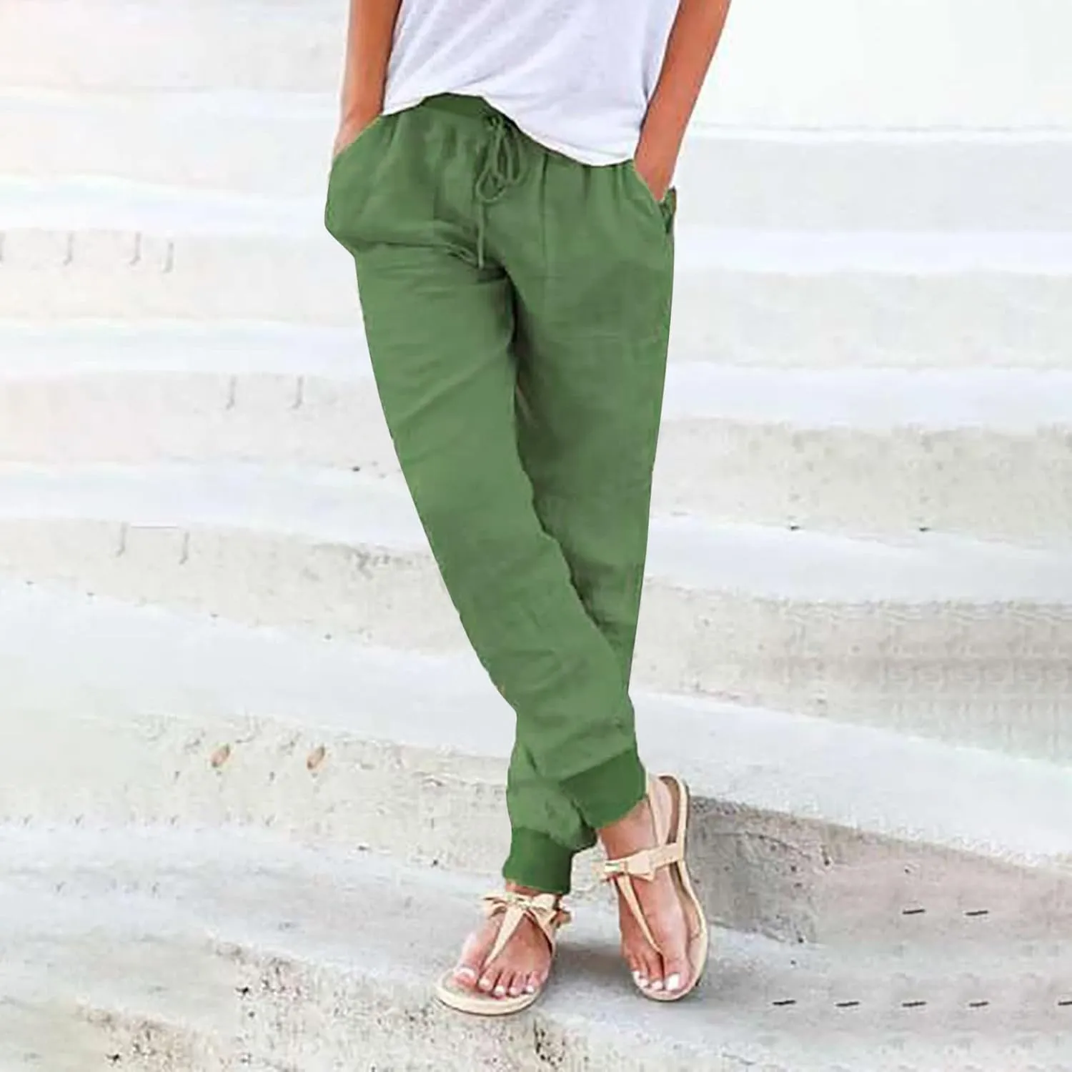 PTOLOCIF Women's Cotton Linen Pants Drawstring Back Elastic Waist Pants High Waist Casual Lounge Trousers with Pockets