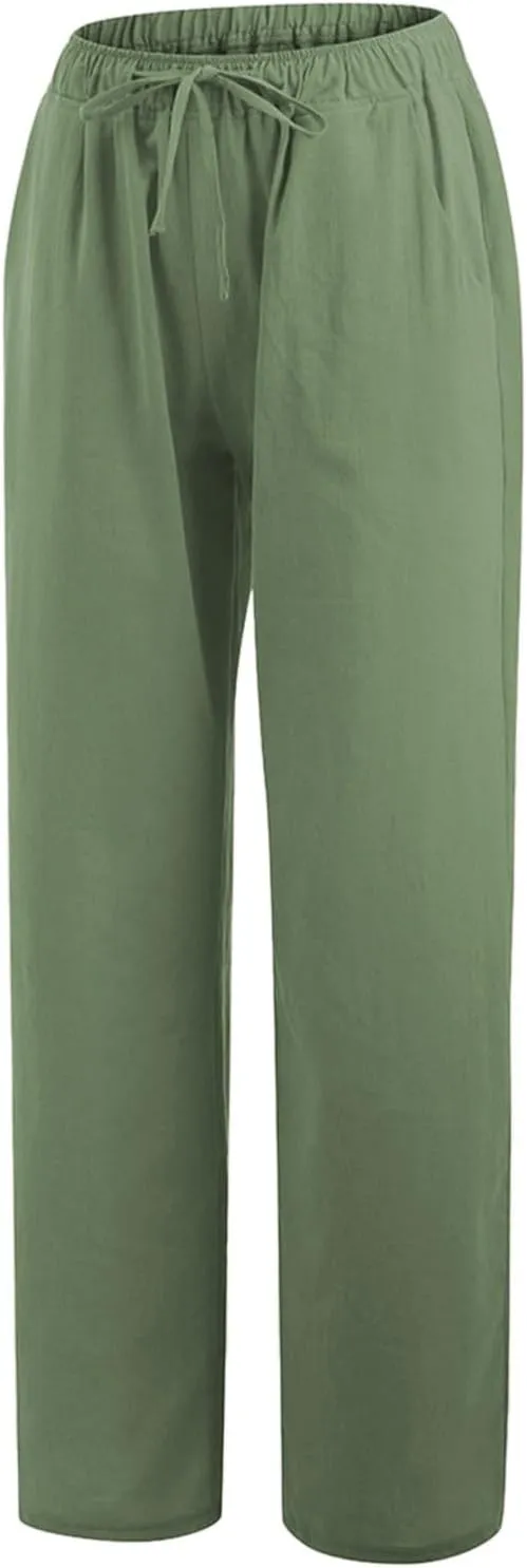 PTOLOCIF Womens Cotton Linen Pants High Waist Drawstring Pants Loose Fit Summer Flowy Boho Pant Trousers with Side Pockets