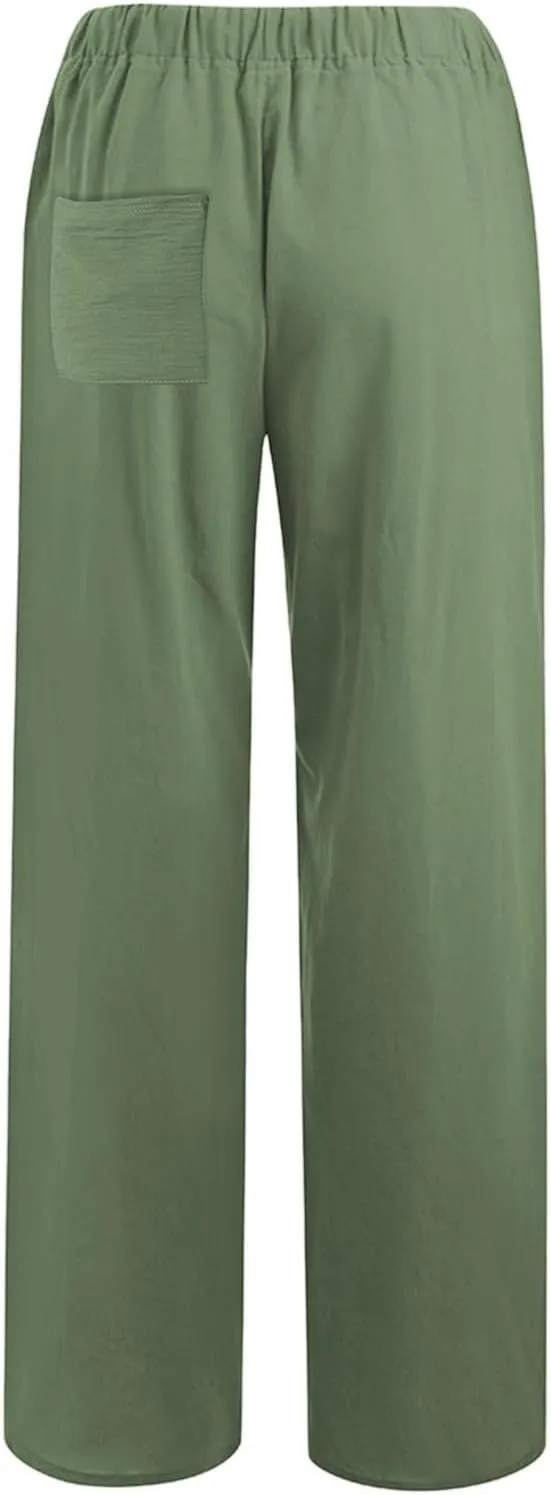 PTOLOCIF Womens Cotton Linen Pants High Waist Drawstring Pants Loose Fit Summer Flowy Boho Pant Trousers with Side Pockets