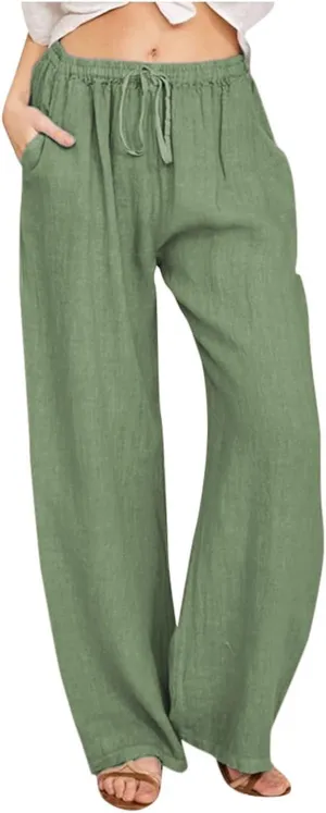 PTOLOCIF Womens Cotton Linen Pants High Waist Drawstring Pants Loose Fit Summer Flowy Boho Pant Trousers with Side Pockets