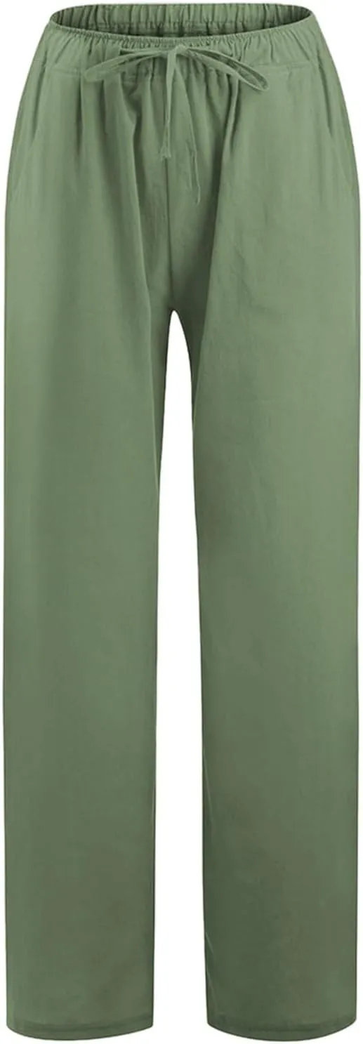 PTOLOCIF Womens Cotton Linen Pants High Waist Drawstring Pants Loose Fit Summer Flowy Boho Pant Trousers with Side Pockets