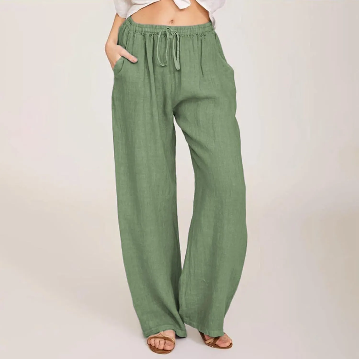 PTOLOCIF Womens Cotton Linen Pants High Waist Drawstring Pants Loose Fit Summer Flowy Boho Pant Trousers with Side Pockets