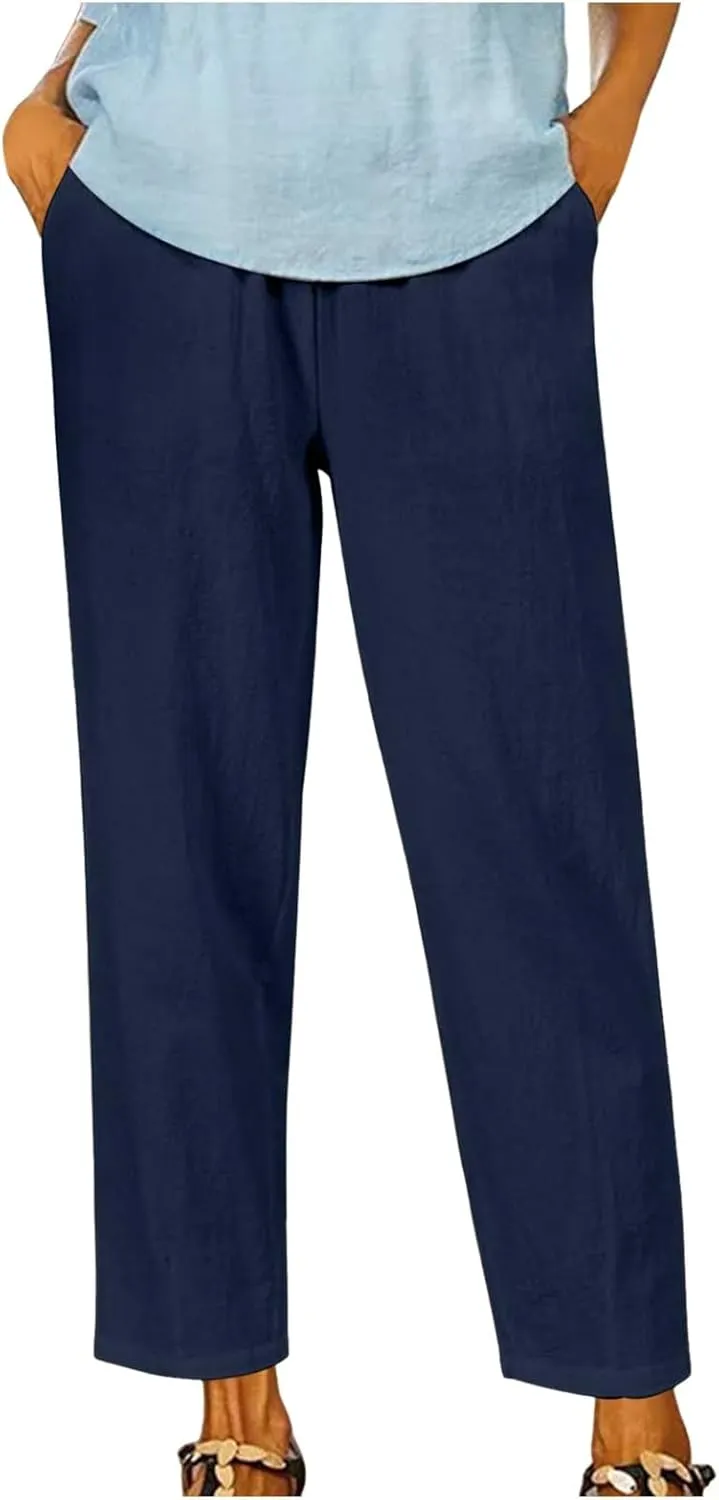 PTOLOCIF Women's Linen Blend Pants Straight Leg Dress Pants High Waist Cotton Linen Pant Flowy Wide Leg Summer Boho Trousers