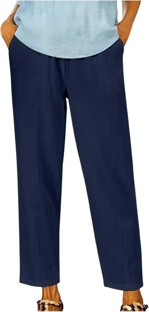 PTOLOCIF Women's Linen Blend Pants Straight Leg Dress Pants High Waist Cotton Linen Pant Flowy Wide Leg Summer Boho Trousers