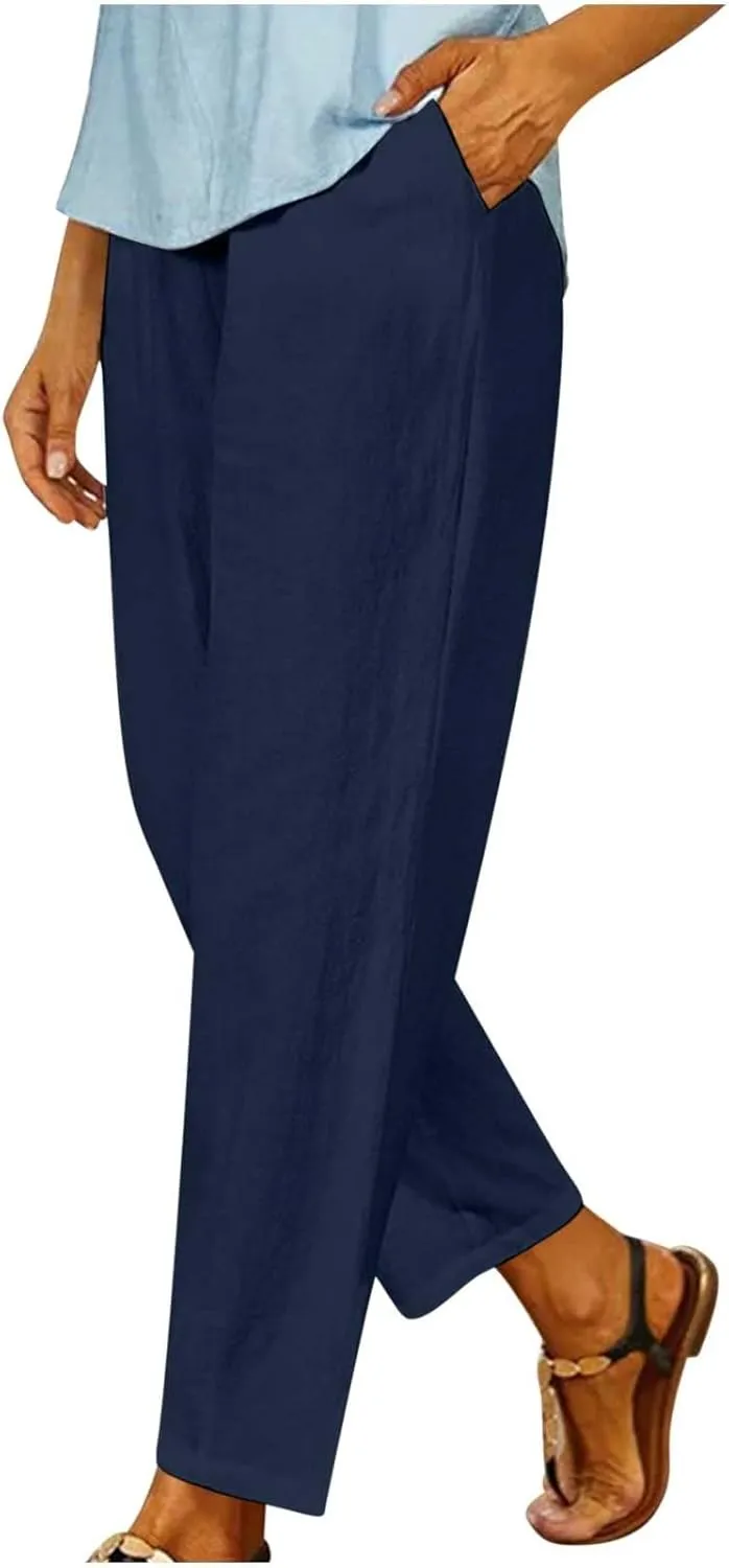 PTOLOCIF Women's Linen Blend Pants Straight Leg Dress Pants High Waist Cotton Linen Pant Flowy Wide Leg Summer Boho Trousers