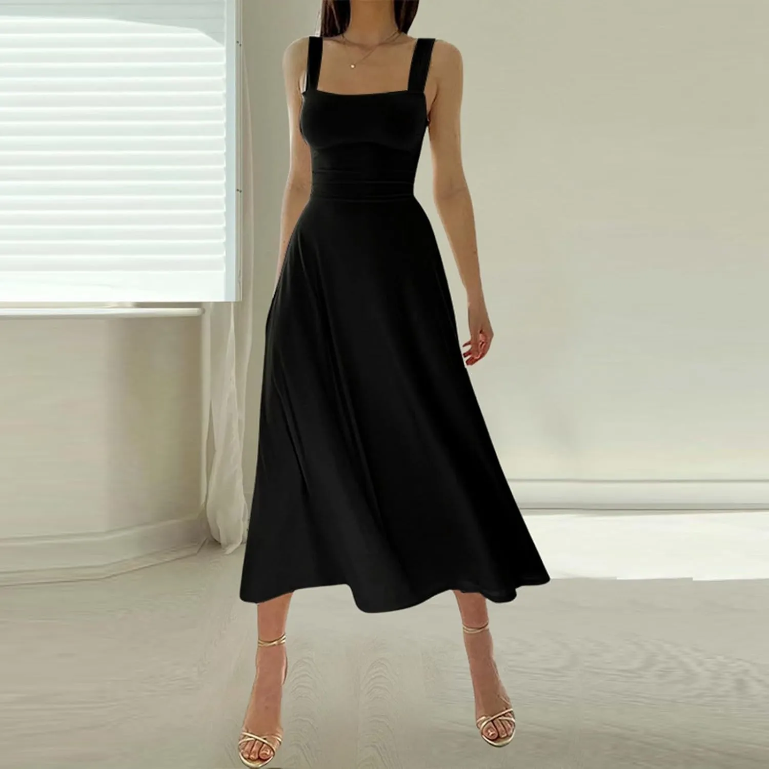 PTOLOCIF Women's Solid Color Thick Shoulder Strap Slim Fit Lace Up Waist Dress Casual Skirt Womens Beach Casual Dresses