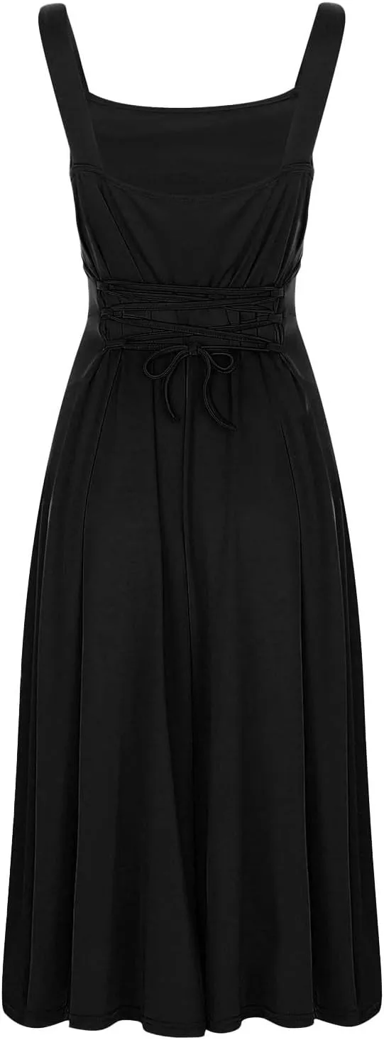 PTOLOCIF Women's Solid Color Thick Shoulder Strap Slim Fit Lace Up Waist Dress Casual Skirt Womens Beach Casual Dresses