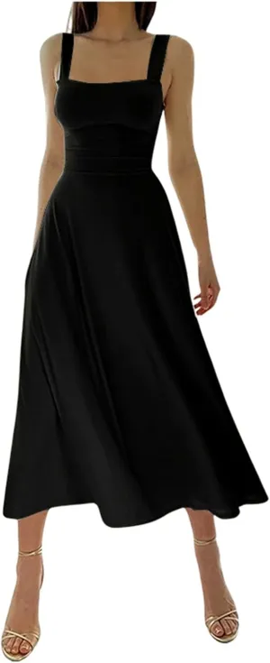 PTOLOCIF Women's Solid Color Thick Shoulder Strap Slim Fit Lace Up Waist Dress Casual Skirt Womens Beach Casual Dresses