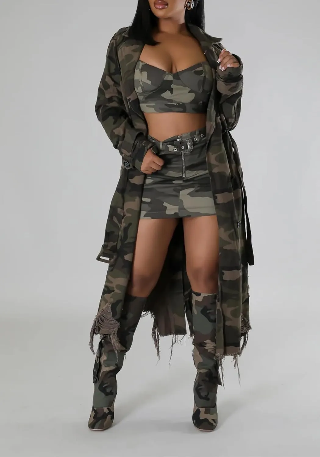 Ptorlio Womens Camo Trench Coat Long Sleeve Distressed Army Camouflage Jacket Overcoat with Belt