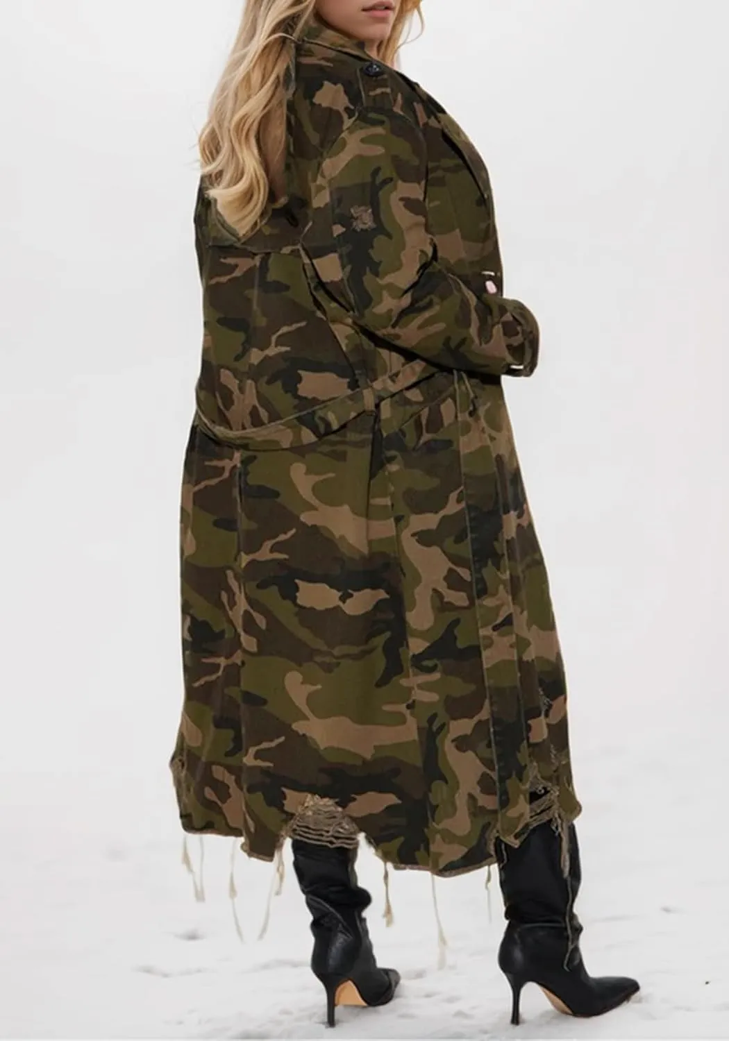 Ptorlio Womens Camo Trench Coat Long Sleeve Distressed Army Camouflage Jacket Overcoat with Belt