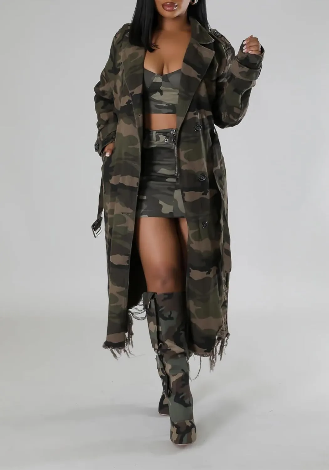 Ptorlio Womens Camo Trench Coat Long Sleeve Distressed Army Camouflage Jacket Overcoat with Belt