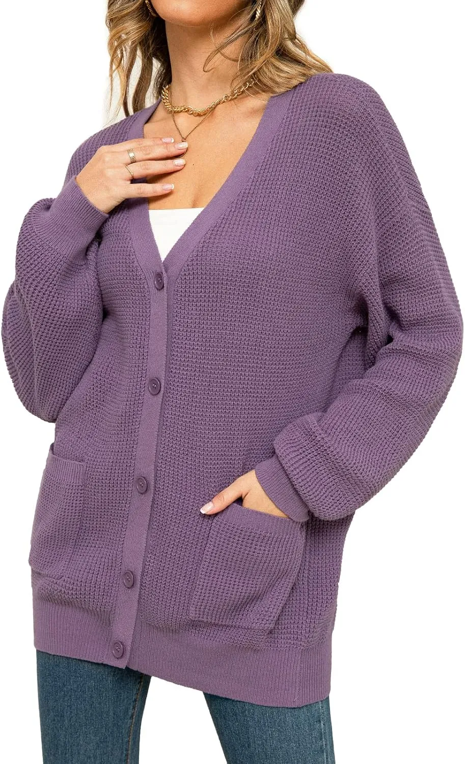 QUALFORT Women's 100% Cotton Cardigan Sweaters for Women Button Down Oversized Knit Outerwear with Pockets