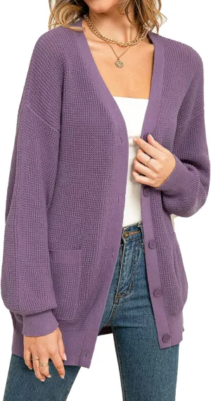 QUALFORT Women's 100% Cotton Cardigan Sweaters for Women Button Down Oversized Knit Outerwear with Pockets