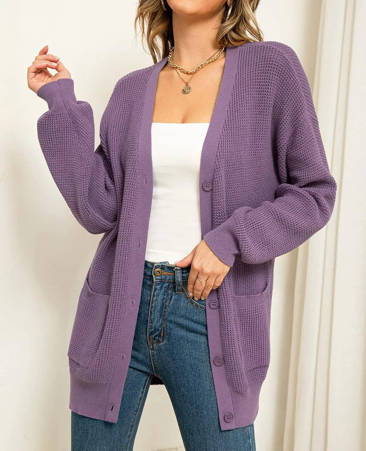QUALFORT Women's 100% Cotton Cardigan Sweaters for Women Button Down Oversized Knit Outerwear with Pockets