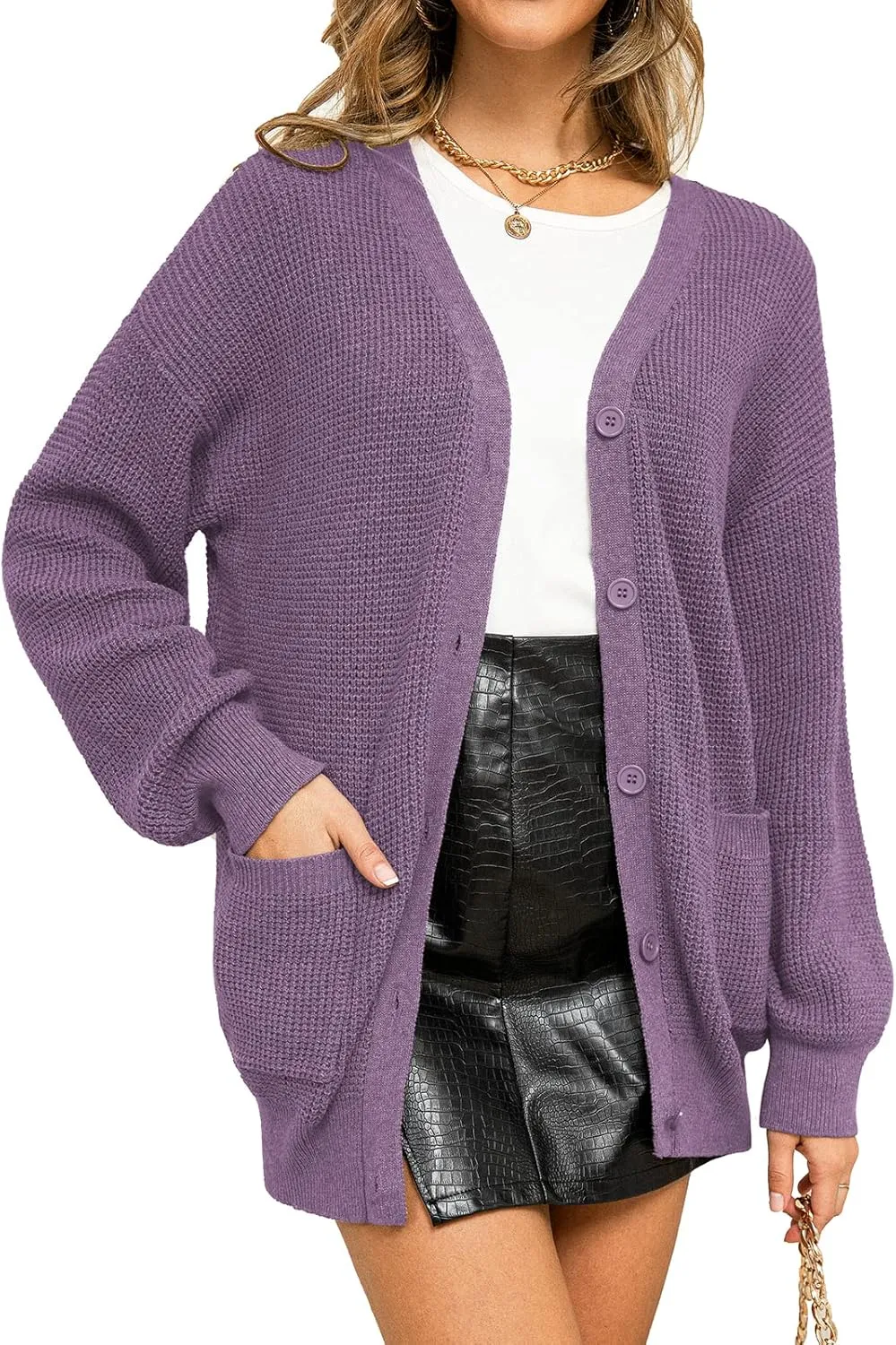 QUALFORT Women's 100% Cotton Cardigan Sweaters for Women Button Down Oversized Knit Outerwear with Pockets