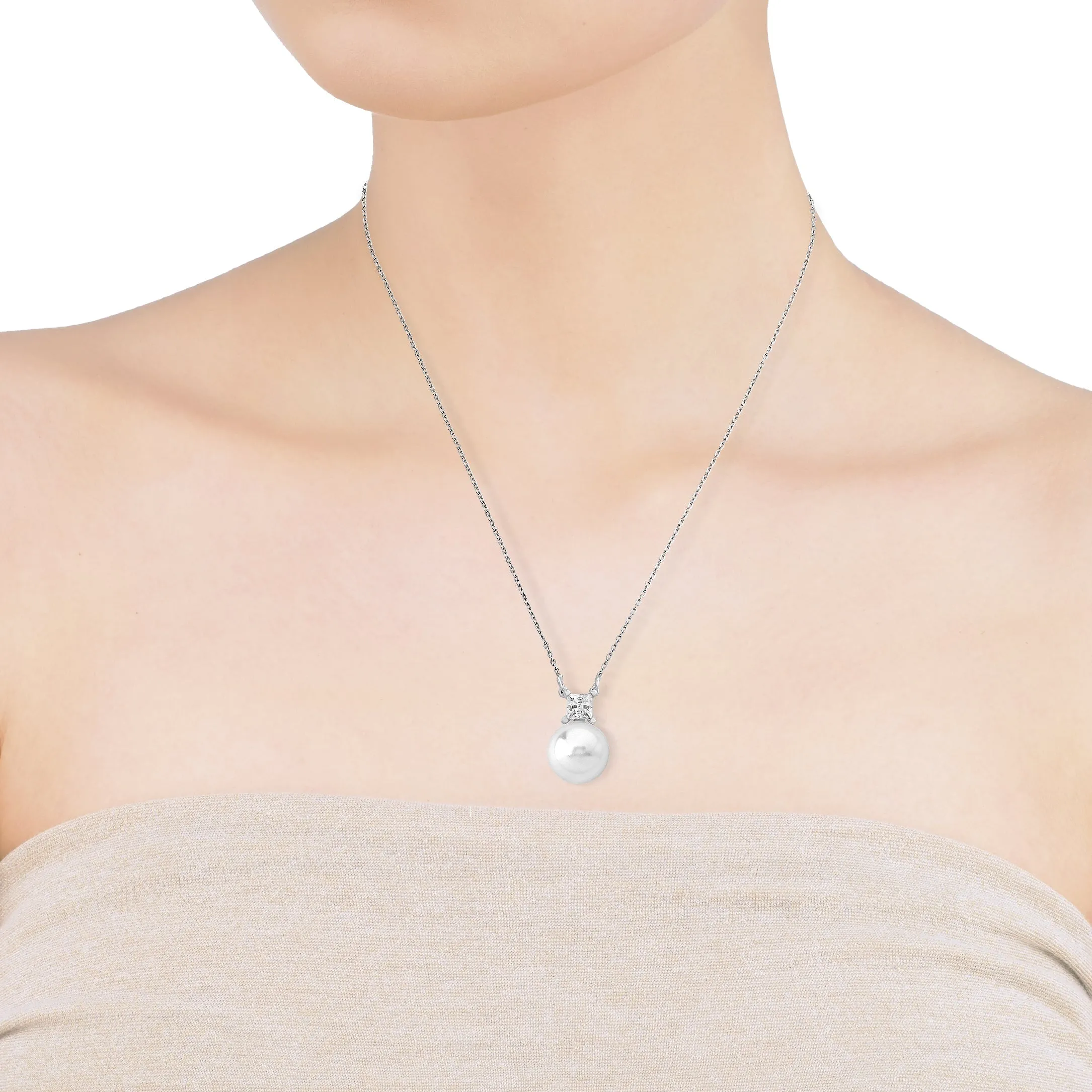 Rhodium Plated Short Necklace for Women with 12mm White Round Pearl and Zircons, 16.5 Length, Selene Collection
