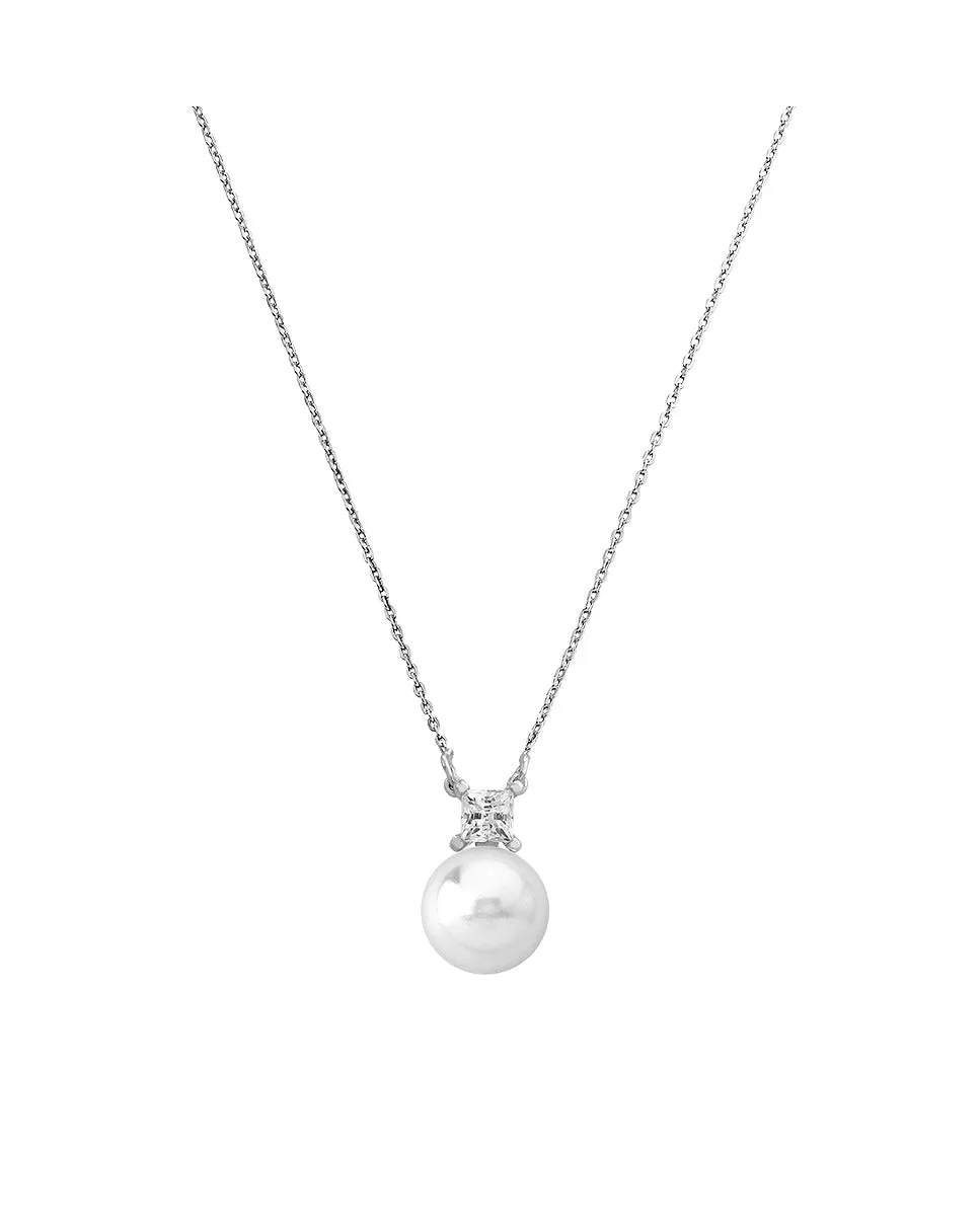 Rhodium Plated Short Necklace for Women with 12mm White Round Pearl and Zircons, 16.5 Length, Selene Collection