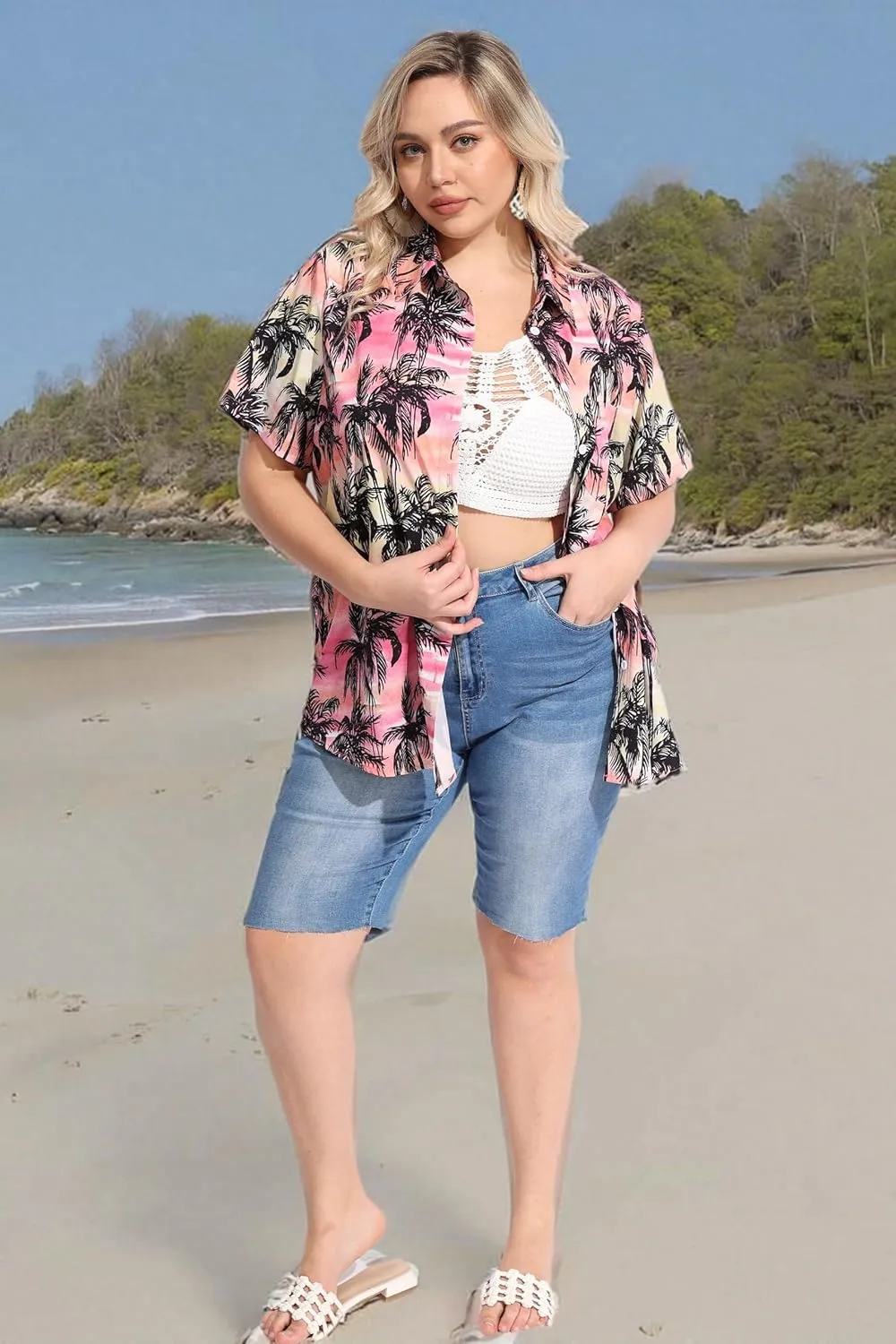 RITERA Womens Plus Size Tops Button Down Roll-Up Cuffed Short Sleeve Casual Shirts Collared Summer Lightweight Blouse XL-5XL