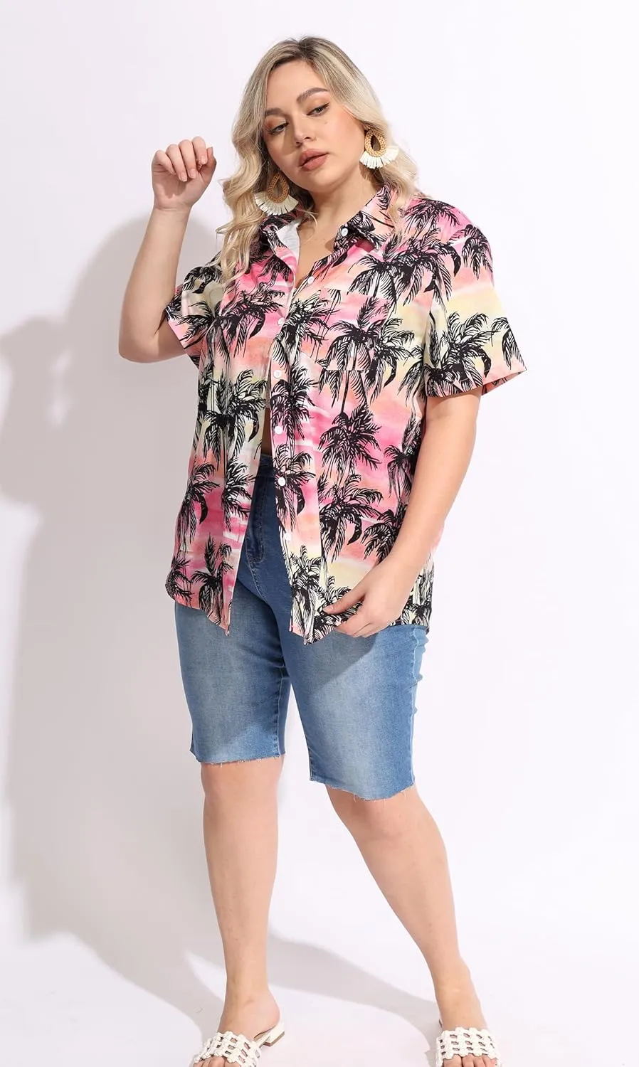 RITERA Womens Plus Size Tops Button Down Roll-Up Cuffed Short Sleeve Casual Shirts Collared Summer Lightweight Blouse XL-5XL