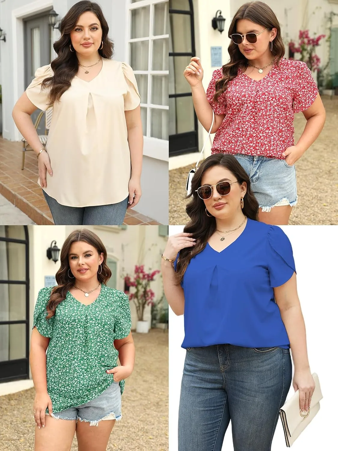ROSRISS Plus-Size Summer Tops Petal Short Sleeve Shirts Casual V Neck Tuincs Chiffon Blouses